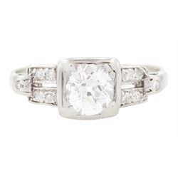 Art Deco gold and platinum diamond ring, single square set old cut diamond of approx 0.70 ...