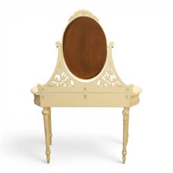 French Louis XV design cream painted dressing table and matching stool, kidney shaped top, with tilting oval mirror, carved uprights raised on fluted and turned supports 