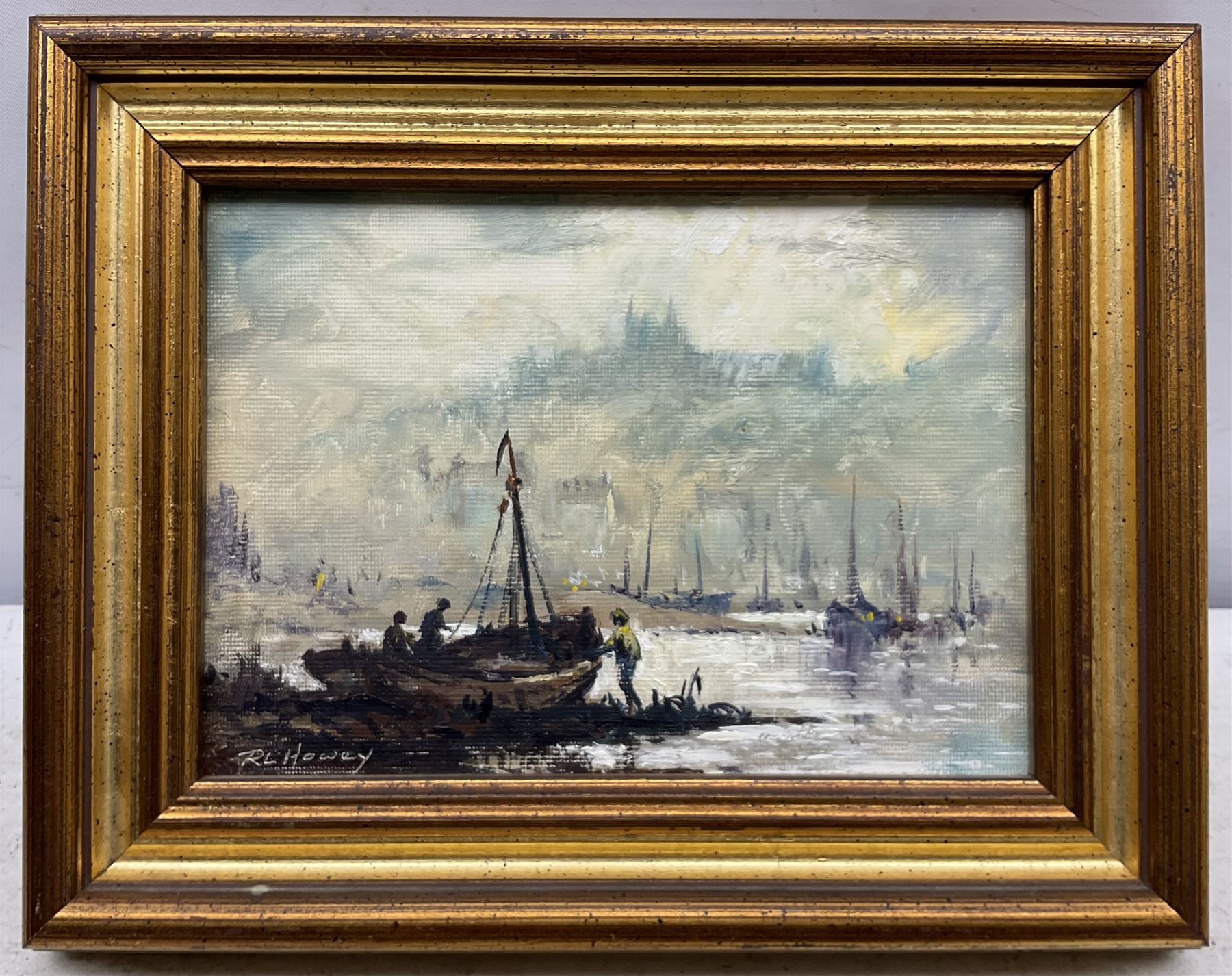 Robert Leslie Howey (British 1900-1981): Low Tide Whitby Harbour, oil on canvas board signed 13cm x 18cm