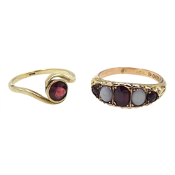 Edwardian 9ct gold five stone opal and garnet ring, Chester 1902 and a 9ct gold single stone garnet ring