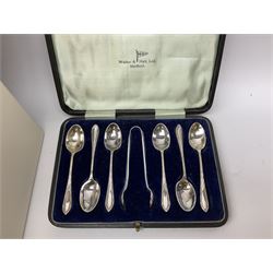 Silver smoky quartz hinged bangle, stamped 925, three silver Ecclissi ladies wristwatches, stamped 925, on leather straps, seven wristwatches and a collection of costume jewellery, in modern jewellery boxes, Walker & Hall silver plate spoons and sugar tongs, cased etc