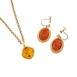 14ct gold Baltic amber pendant on gold cable link chain necklace and a pair gold Baltic am...