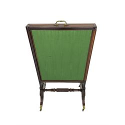 Regency mahogany screen with two horizontal and one vertical pull-out panels, on base with carved sabre legs and rope-twist stretcher