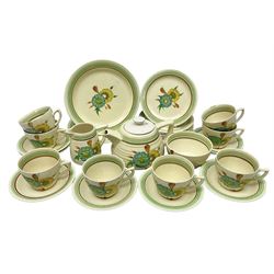 Wilkinson Clarice Cliff honeydew pattern tea service for eight, comprising teapot, milk jug, open sucrier, teacup and saucers, dessert plates and two side plates (29)