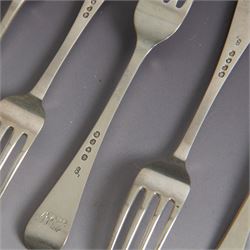 Set of six Victorian silver Hanoverian pattern table forks, engraved with monogram verso, hallmarked 	Chawner & Co, London 1841