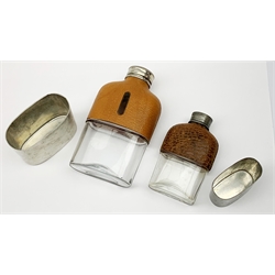 A James Dixon & Sons silver plated and leather mounted glass hipflask, H12.5cm, together with a smaller unmarked example, H9cm. (2). 