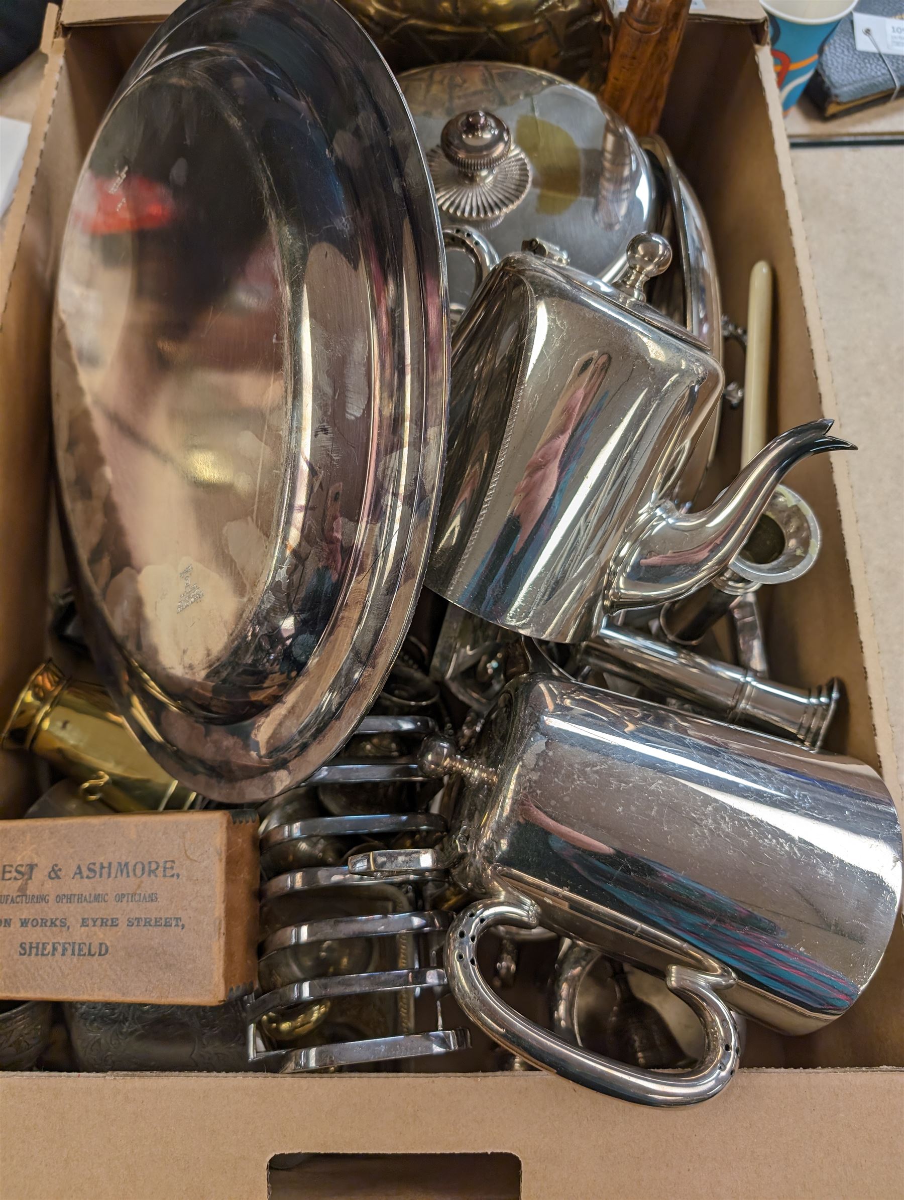 Burmese dinner gong, silver handled button hook and a collection of silver plate including flatware, wine cooler, etc