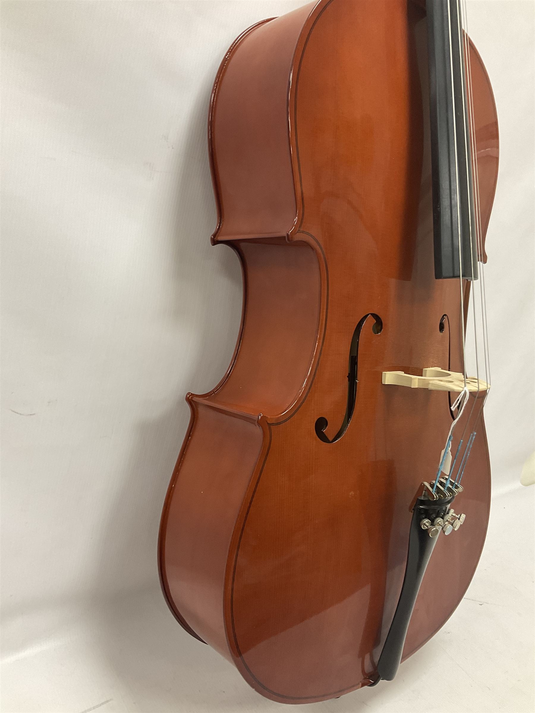 Gear 4 Music full size cello with a maple back and ribs and spruce top, ebony fittings and fingerboard, with two bows in hard case Length 123cm