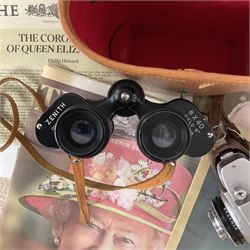 Pair of Zenith 8x40 Field binoculars together with Agfa camera with Silette lens, both in cases, and quantity of commemorative newspaper ephemera to include The Illustrated London News Record of the Glorious Reign of Queen Victoria