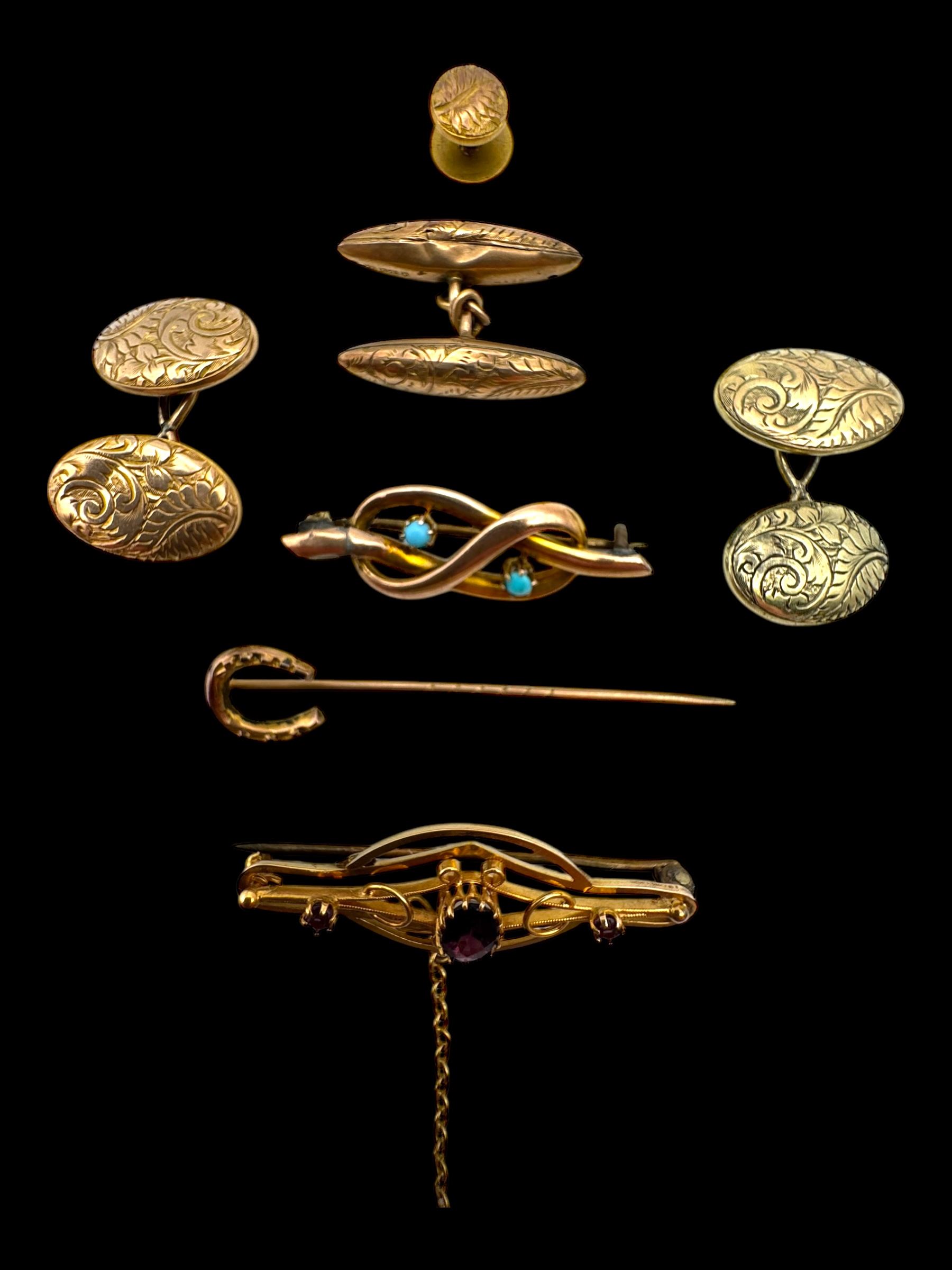 9ct gold jewellery, including two stone set brooches, three cufflinks, stud and a horseshoe stick pin