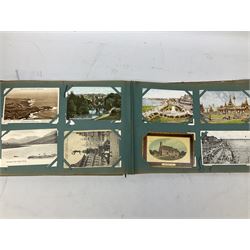 Album containing approximately four hundred Edwardian and later postcards including three Louis Wain, comic cards by Tom Browne, Phil May etc, British and Foreign topographical including real photographic and local, Coronation trams, actresses etc; and large quantity of loose postcards including WW1 Belgium views and caricatures, Royalty portraits etc, 