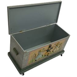 Painted wooden toy box on castors 