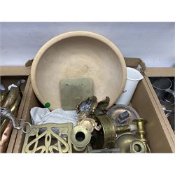 Quantity of metal ware to include brass candlesticks, silver plate, pewter etc in three boxes