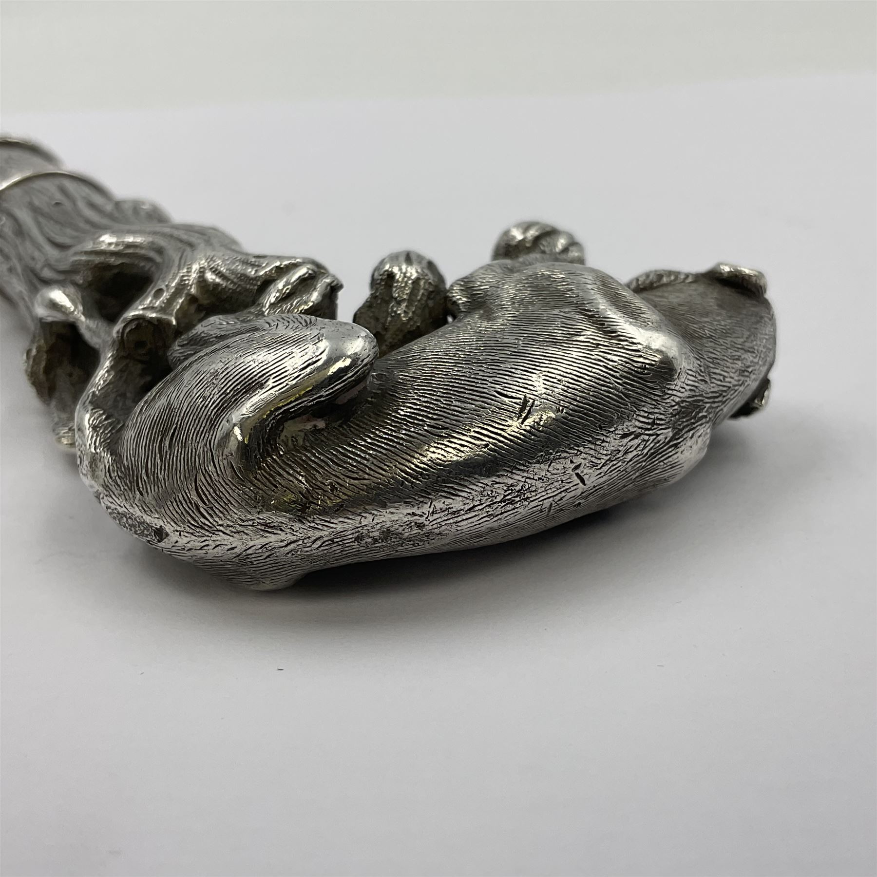 Victorian silver walking cane handle, modelled as a panther upon a tree branch, hallmarked London 1851, maker's mark worn and indistict