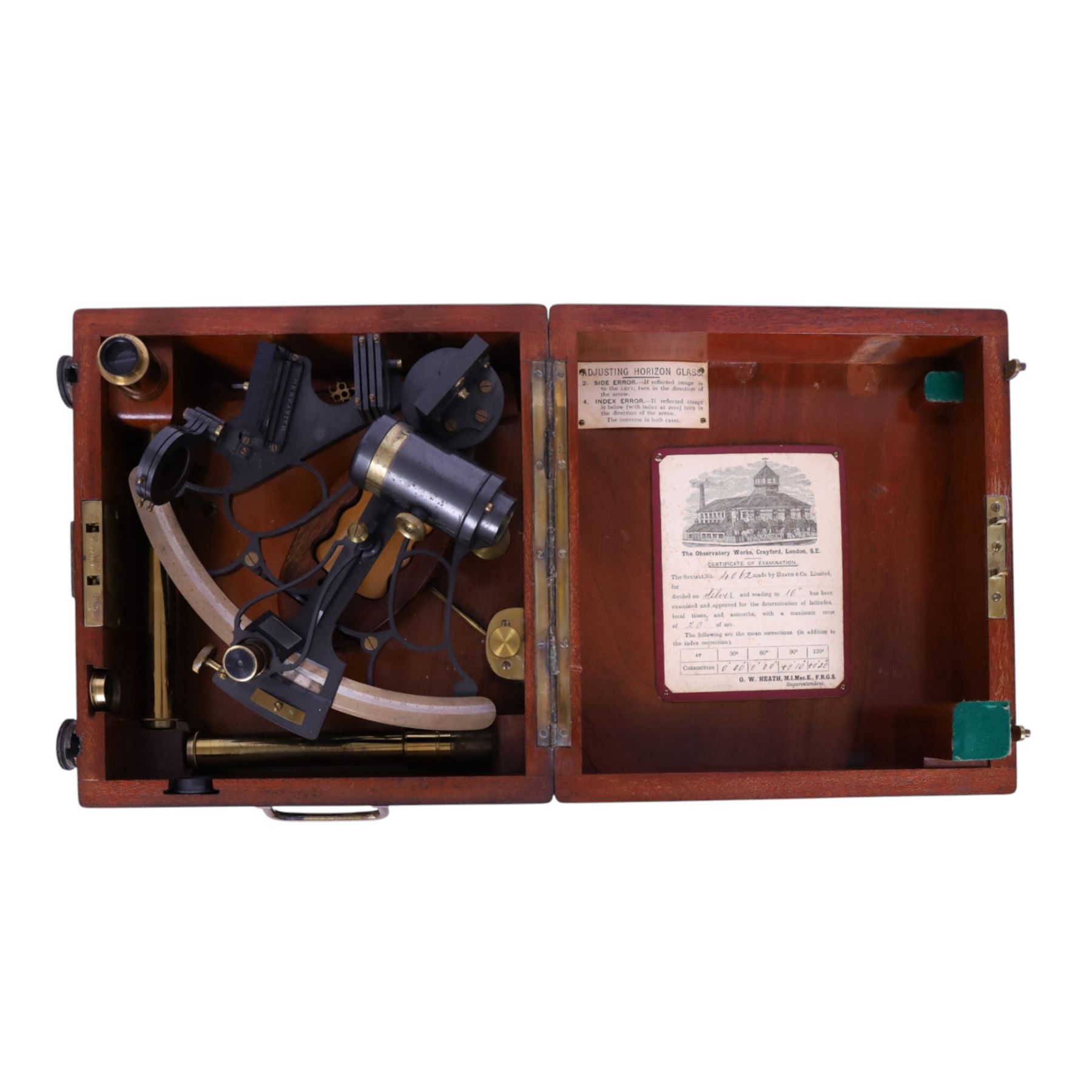 IVORY LICENCE Late 19th century Heath & Co Hezzanith sextant c.1898, brass and black lacquer with silvered dial, contained within a mahogany case, with a Hezzanith false horizon and oil lamp attachment