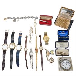 9ct gold stone set brooches, 9ct gold wristwatch, three pence coin bracelet with a French ...