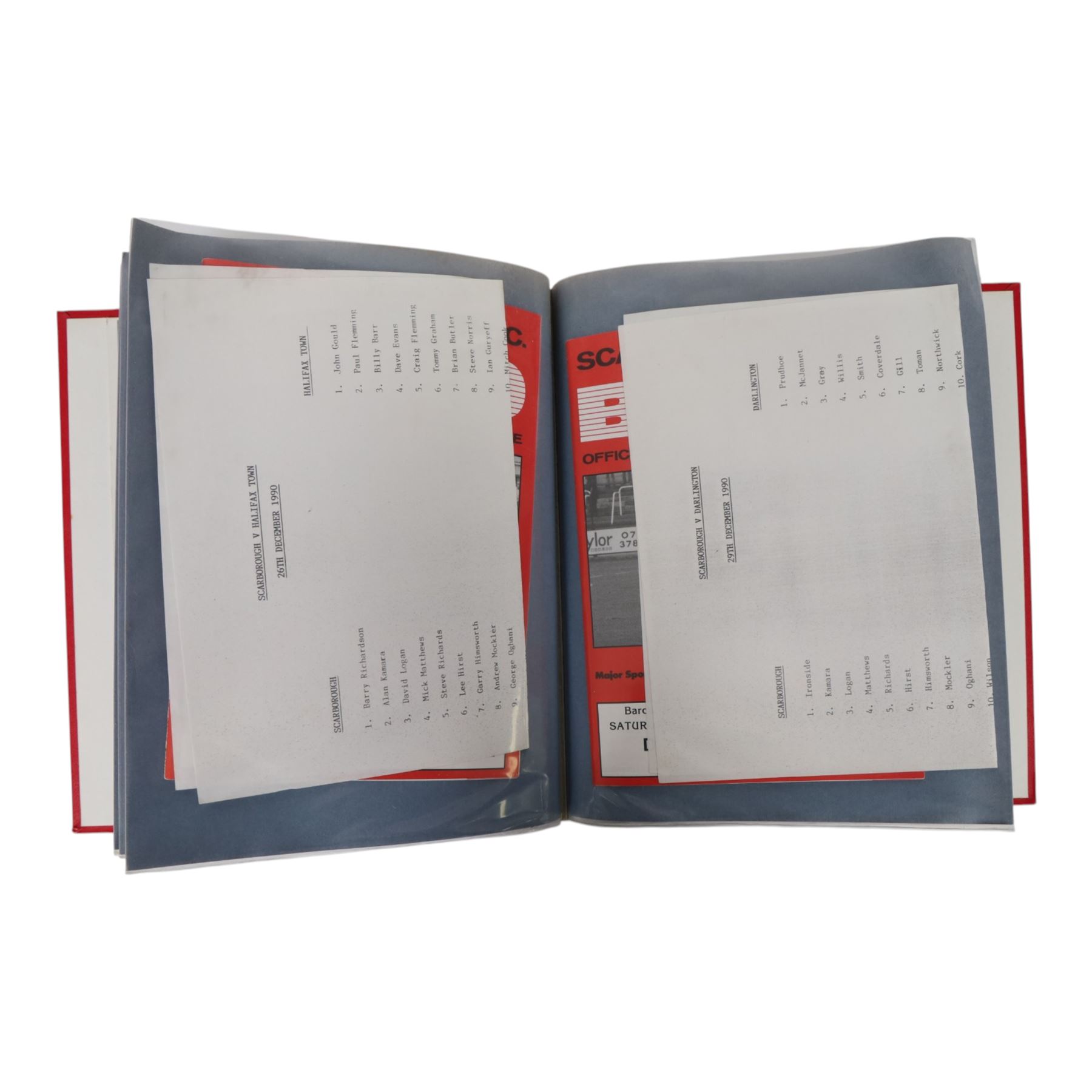 Comprehensive collection of approximately one hundred and seventy Scarborough FC football programmes for the 1990/91, 1991/92 and 1992/93  seasons, all filed within six dedicated Scarborough FC red Home and Away binders