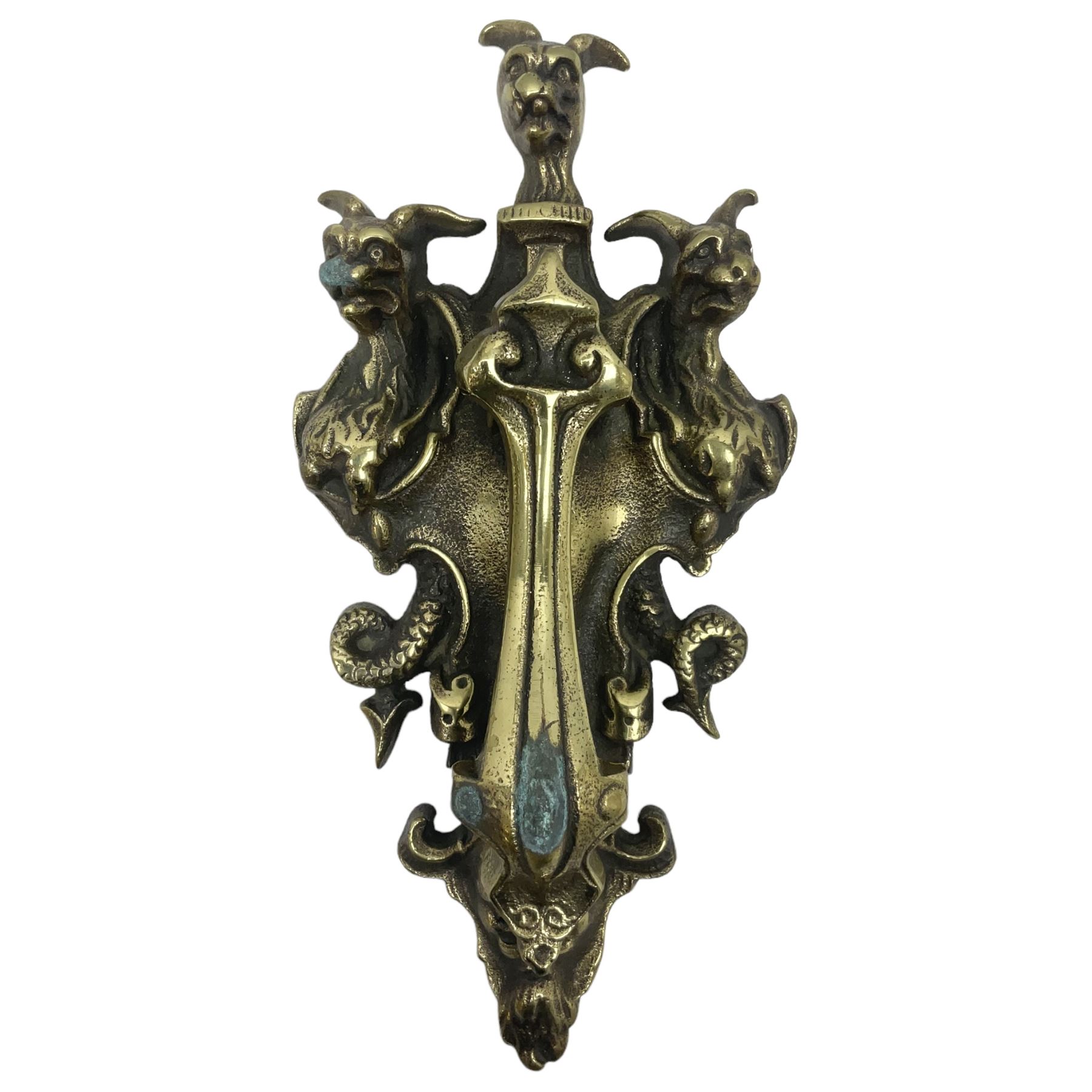 Gothic style cast brass door knocker, modelled with the Greek three-headed hell hound Cerberus on Rococo style base with central knocker of tear drop above Hades, God of the underworld, L29cm