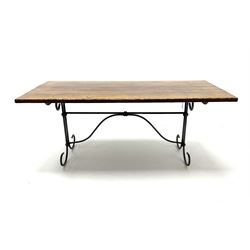 Contemporary oak and wrought metal table, rectangular top on scroll work base