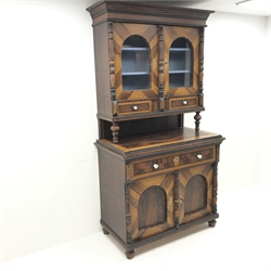 19th century scumbled pine continental side cabinet, shaped cresting rail, two glazed cupboards enclosing shelves, two drawers above base with two drawers and two cupboards, W114cm, H238cm, D61cm