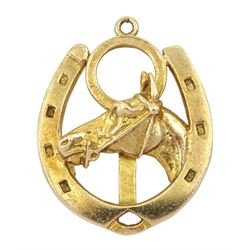 9ct gold horses's head, racing finishing post and horseshoe pendant/charm, hallmarked