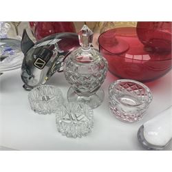 Pair of V Nason & Co murano glass dolphins together with to other glass figures and cranberry glass and lampshades  