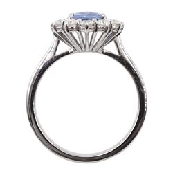 18ct white gold oval Ceylon sapphire and diamond cluster ring, stamped 750, sapphire approx 1.65 carat, total diamond weight approx 0.60 carat
