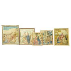 Set of five Victorian petit point needlework samplers, depicting various religious and con...