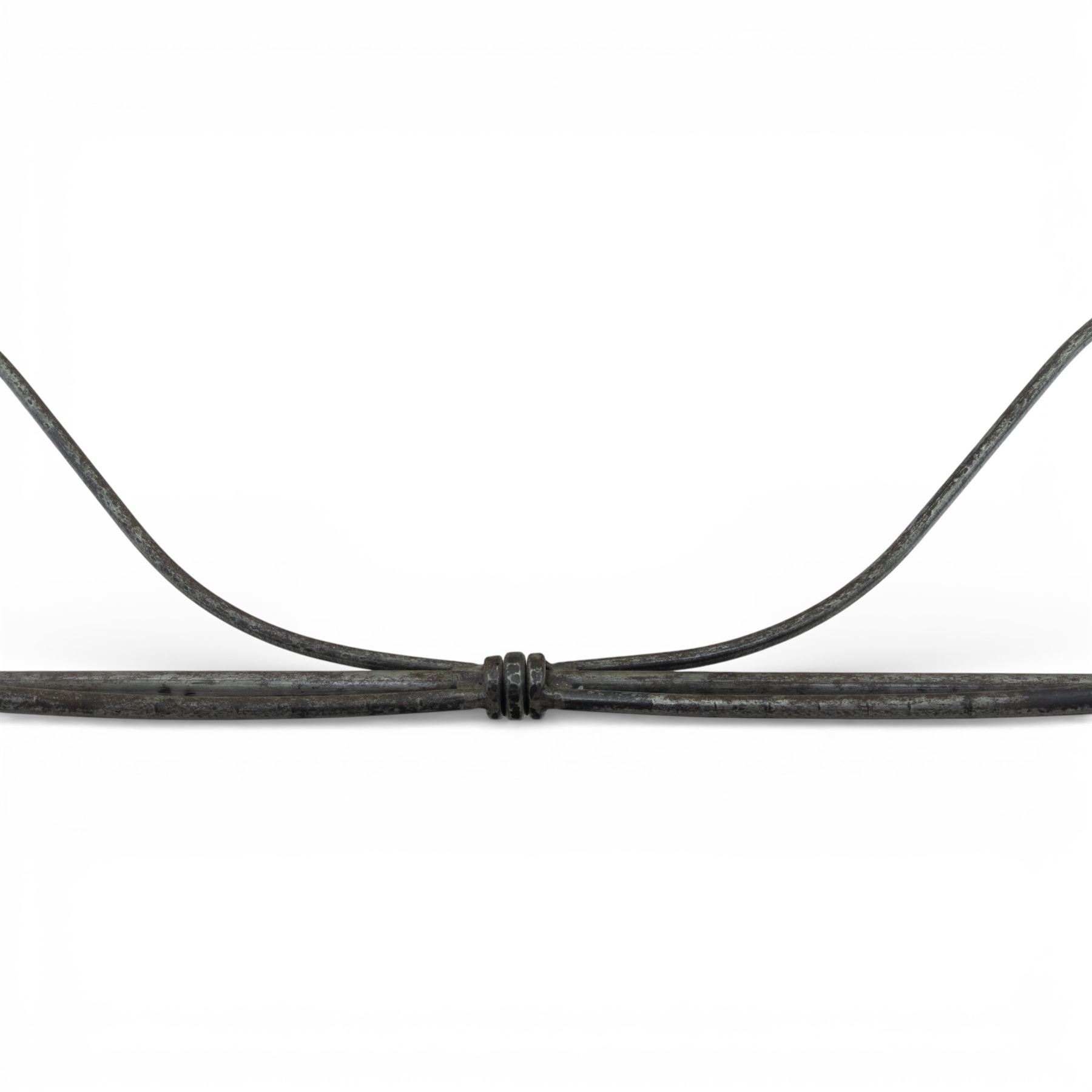 Late 20th century glass dining table, toughened glass top with rounded corners on a wrought metal designed base 