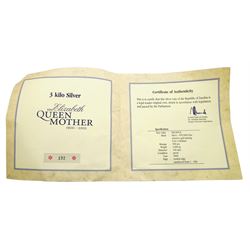 Queen Elizabeth II 2002 Bank of Zambia 3000 grams fine silver proof coin, housed in a capsule with certificate and bag