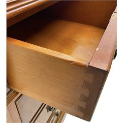 Cherrywood twin pedestal desk, rectangular leather inset top over central fall front with keyboard slide and two drawers, fitted with two drawers and cupboard, on bracket feet