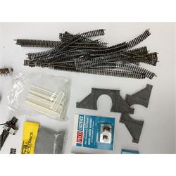 Peco 'N' gauge - quantity of track including motorised points, straights, curves etc; and quantity of packeted accessories including Motor(Switch Machines), nickel silver joiners etc