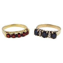 14ct gold five stone garnet ring, stamped 585 and a 9ct gold sapphire and diamond ring