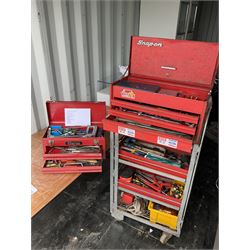 Tool workstation with Snap-on three drawer lockable tool box and tools, feeler gauges, wire strippers, screw drivers torque wrenches, and other  - THIS LOT IS TO BE COLLECTED BY APPOINTMENT FROM DUGGLEBY STORAGE, GREAT HILL, EASTFIELD, SCARBOROUGH, YO11 3TX