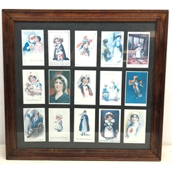  Framed collection of 15 postcards relating to WW1 medical services, incl. Nurses, Comic etc in oak frame, 51cm x 55cm  