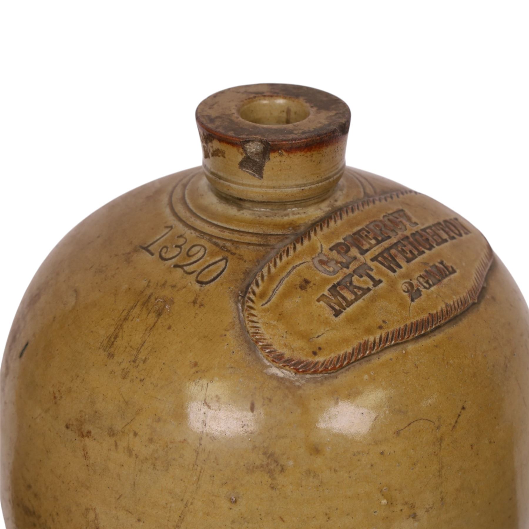 Stoneware flagon, impressed G Piercy Mkt Weighton 2 Gall, together with two salt-ware sprit barrels for Whisky and Brandy 