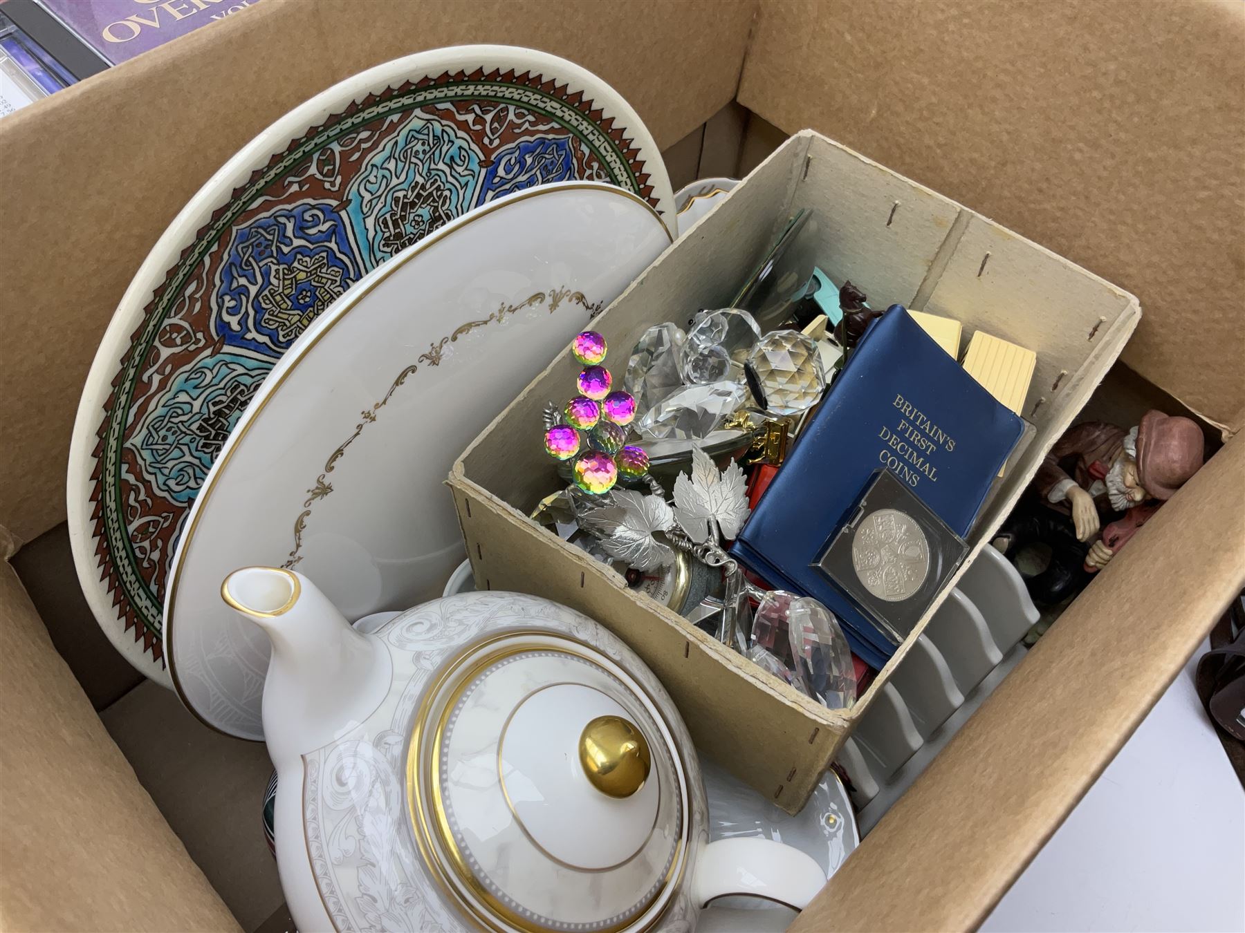 Royal Worcester Gold Chantilly pattern dish, Royal Doulton Naples pattern teapot, Beswick dogs (a/f), other ceramics and glassware to include Royal Doulton etc, die-cast to include Corgi etc, together with a quantity of cds, in five boxes