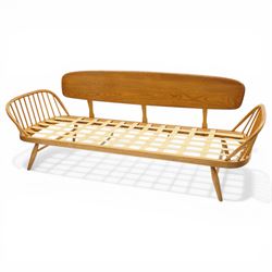 Lucian Ercolani for Ercol - 'Studio Couch' model no. 355, elm and beech framed, with loose tufted pink cushions