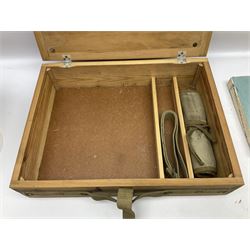 Collection of nineteen British Army booklets 1940s - 1970s including Small Arms Training 1944, various Infantry Training, Cadet Training Manual 1978, Signal Training, Commander's Aide Memoires etc; 1950s blue beret with Yorks Brigade badge; part travelling toilet set in cloth roll; all contained in pine box with webbing straps