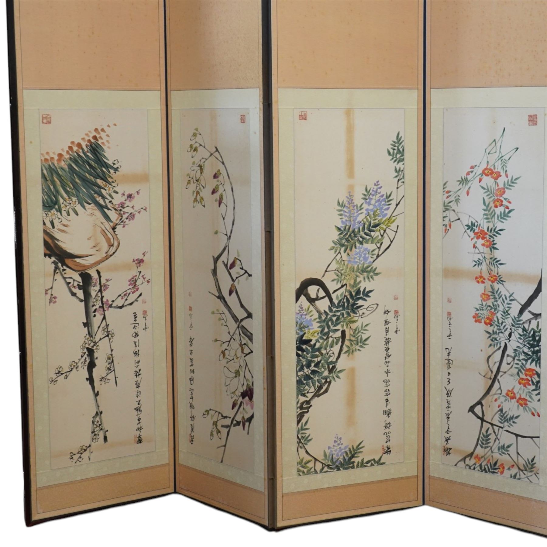 Large 20th century eight panel folding screen decorated with Chinese watercolours of blossoming trees, the watercolours backed onto foliate patterned silk panels, each inscribed and signed with artists seal, with navy fabric to the opposing side, each panel measuring 47cm x 163cm