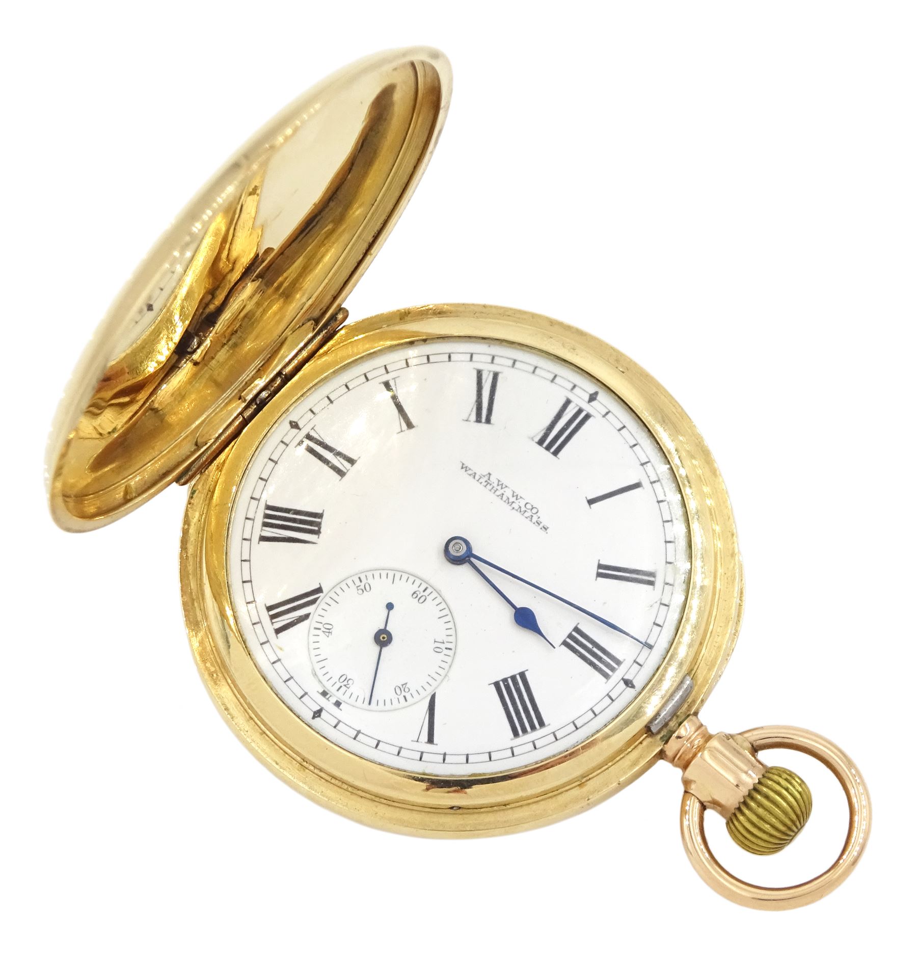 Early 20th century 10ct gold full hunter keyless 'Royal' lever pocket watch by American Watch Company, Waltham, No. 10097407, white enamel dial with Roman numerals and subsidiary seconds dial, case stamped 10c