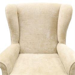 Parker Knoll - 'Hartley' lounge suite, comprising three wingback armchairs and two-seat settee, upholstered in cream fabric, shaped wing backs with scroll-over arms and loose seat cushions, on cabriole supports with pad feet wingbacks and settee

Armchairs: H 96cm, D 83cm, W 75cm
