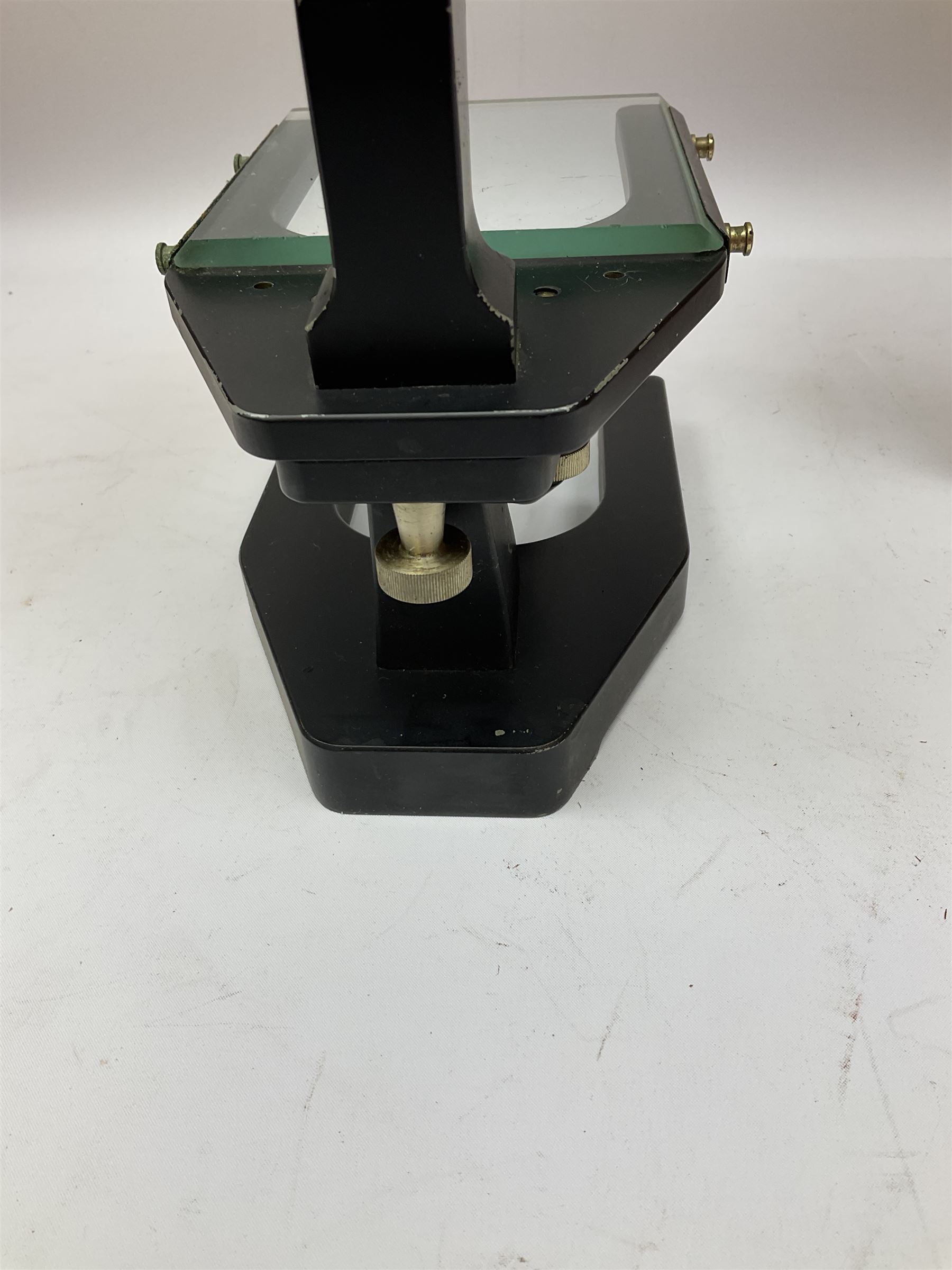 Charles Perry binocular microscope 'Classic No 1', with pitchfork base and rack and pinion focusing, in original fitted mahogany case with additional lenses, H44cm