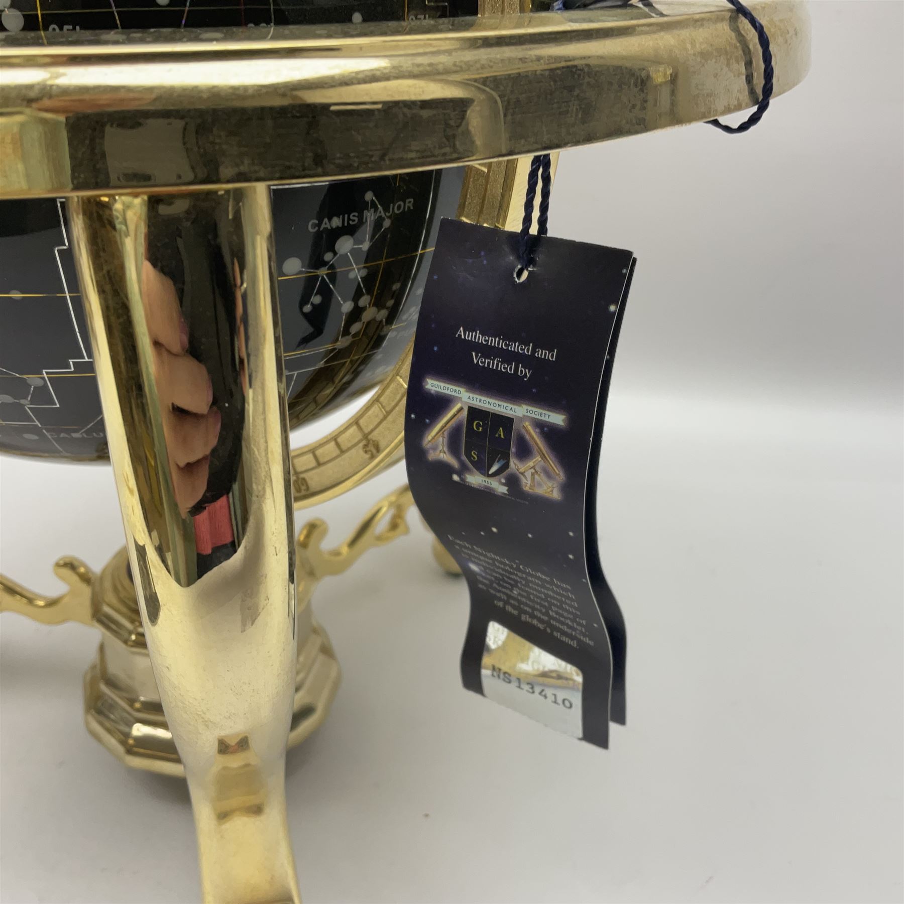Night Sky Celestial Globe, on gilt metal stand, H36cm, with original box and certificate, together with a polished hardstone terrestrial globe, H34cm