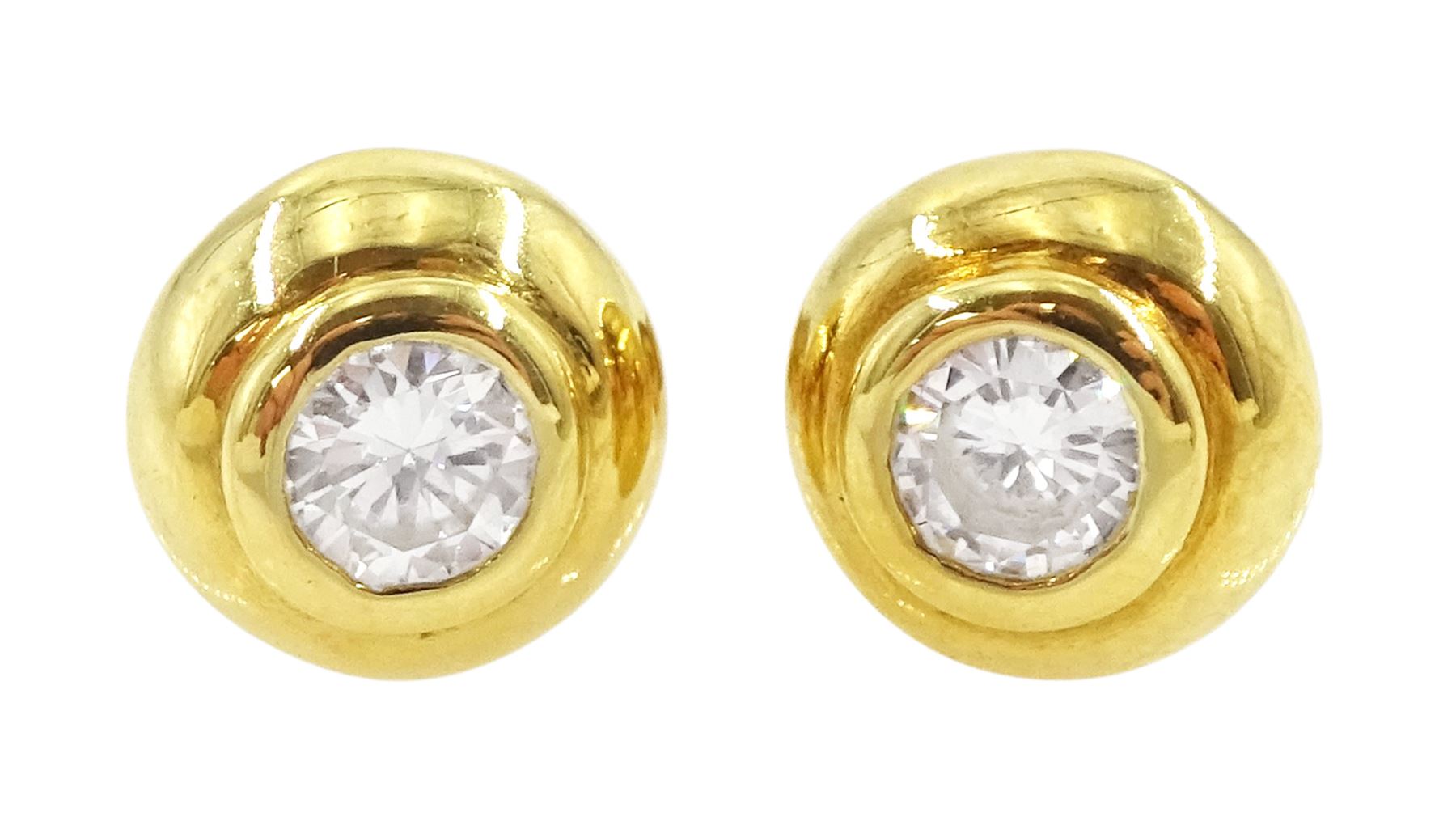 Pair of 18ct gold bezel set, round brilliant cut diamond stud earrings, Sheffield 1994, total diamond weight approx 0.40 carat