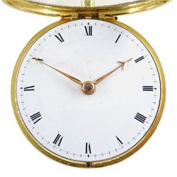 George III gilt pair cased verge fusee pocket watch by George Flote, Islington London, No. 1790, round baluster pillars, pierced and engraved cock balance, white enamel dial with Roman numerals, bull's eye glass, case makers mark I.N, with a fabric watchpaper embroidered with 'Oft let us meet in thought'