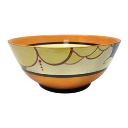 Clarice Cliff Fantasque Bizarre for Newport Pottery, Summerhouse pattern bowl, c.1931-1933, the exterior painted with stylised trees with yellow foliage and clouds bordered by black and orange bands, with black printed marks and impressed 1 1/2 beneath, D18.5cm