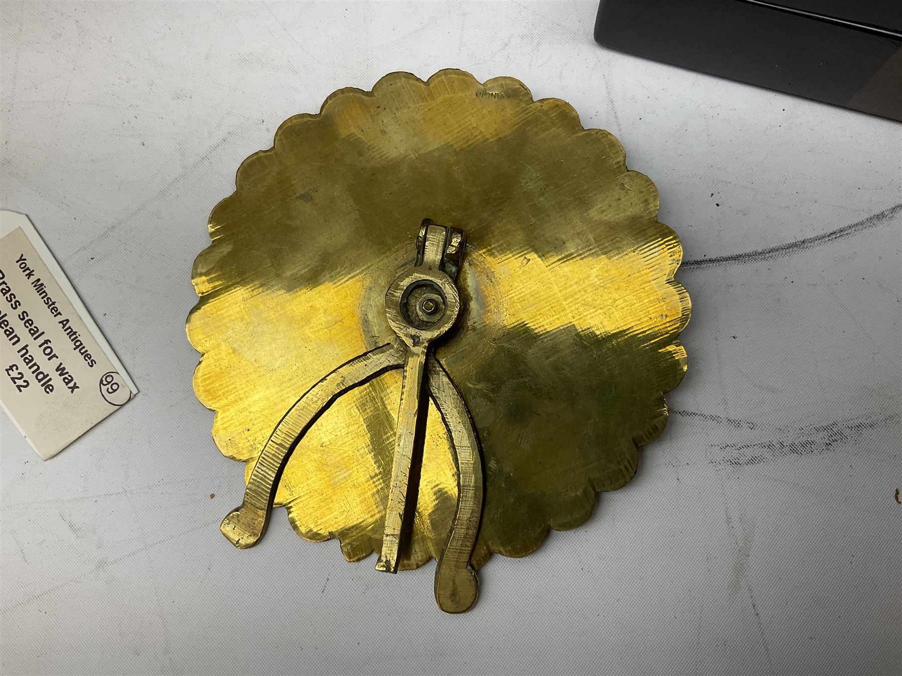 Wooden writing box together with two brass seals, Cabouchon ballpoint pen in box and a twenty eight years calendar 