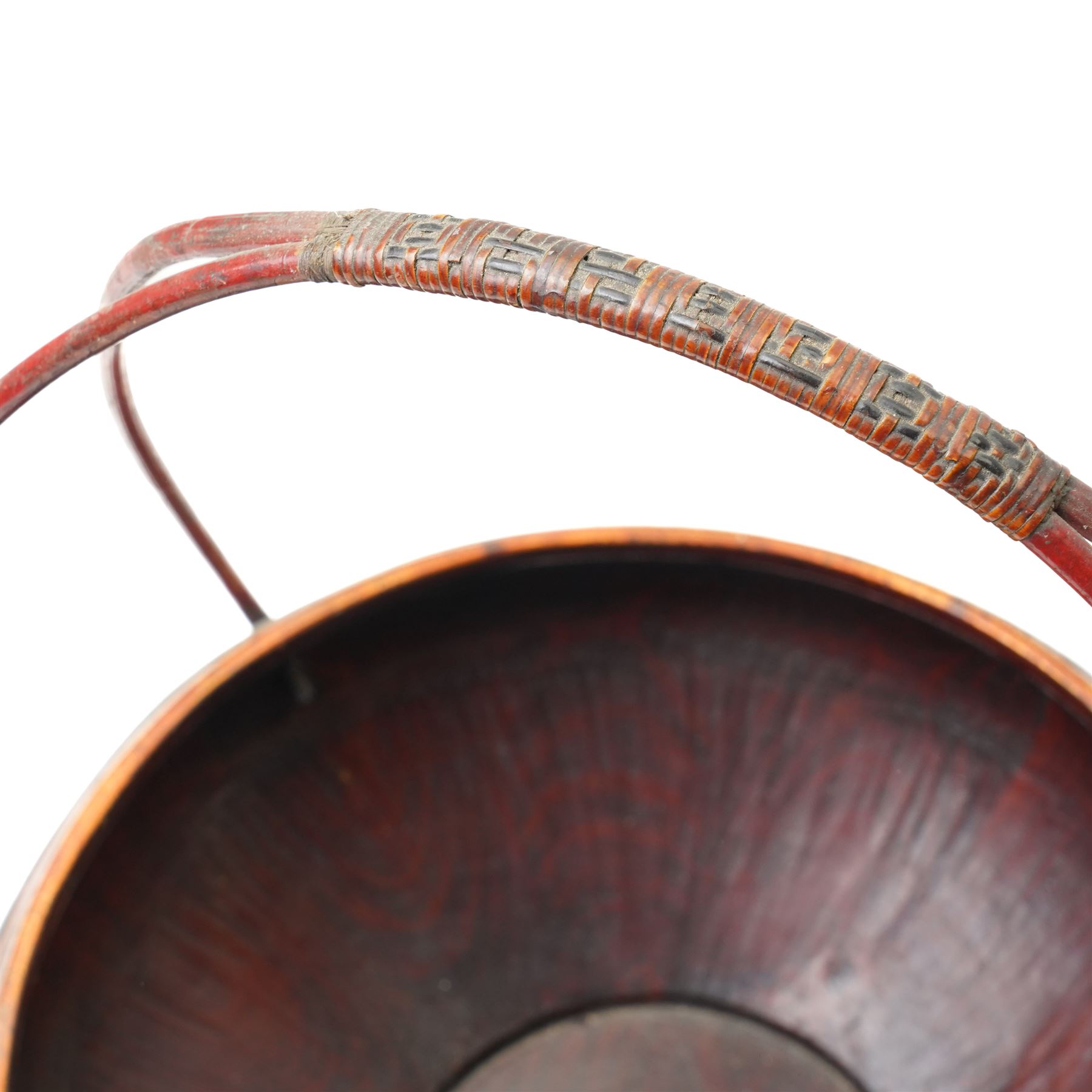 Early 20th century Chinese red lacquered marriage basket, the exterior with character and fruit motifs, H43cm; together with a red painted dowry basket, on shaped circular foot, H19cm x D35cm (2)