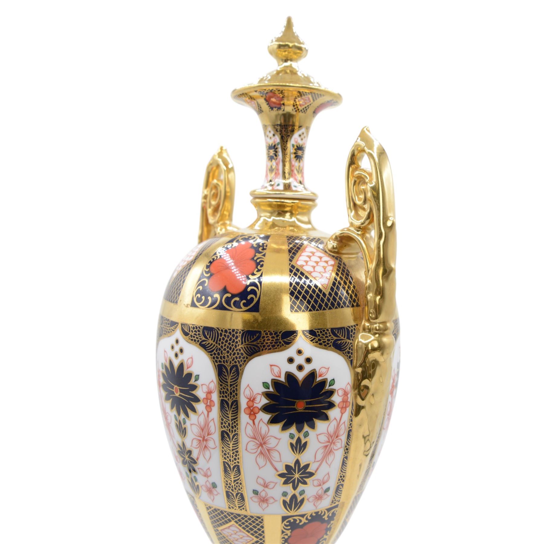 Royal Crown Derby Imari 1128 pattern twin handled urn, with printed mark beneath, second quality, H44cm